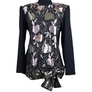 Vintage 80s Metallic Black Blouse Pink Gold Roses BOW Tunic Shiny Party 12 USA